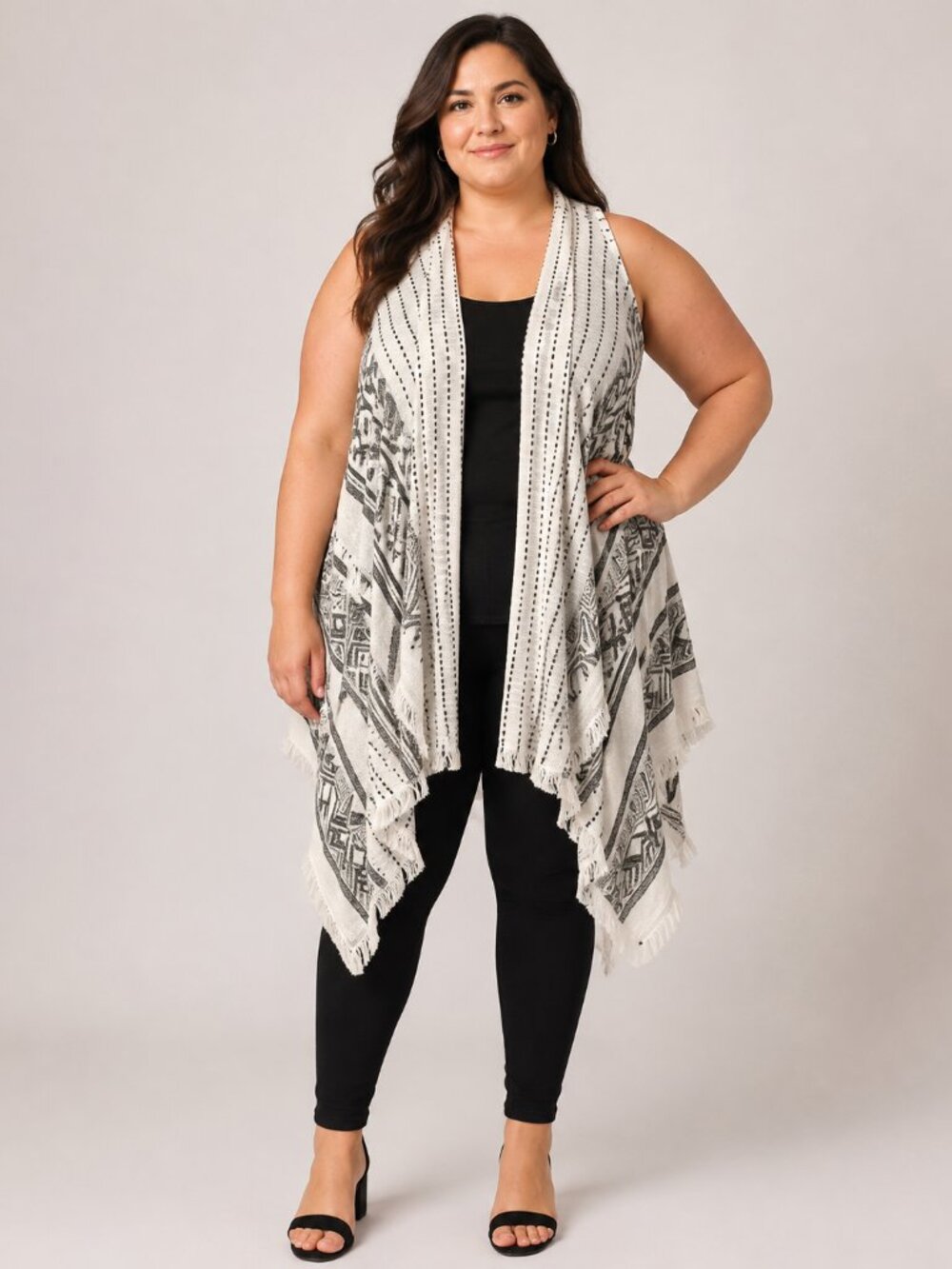 Lane Bryant 14/16 Embroidered Draped Fringe Vest Black Ivory